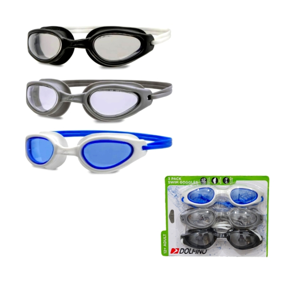 NIP DOLFINO Adult (12+)/Unisex Racer Swim Goggles 3-Pack